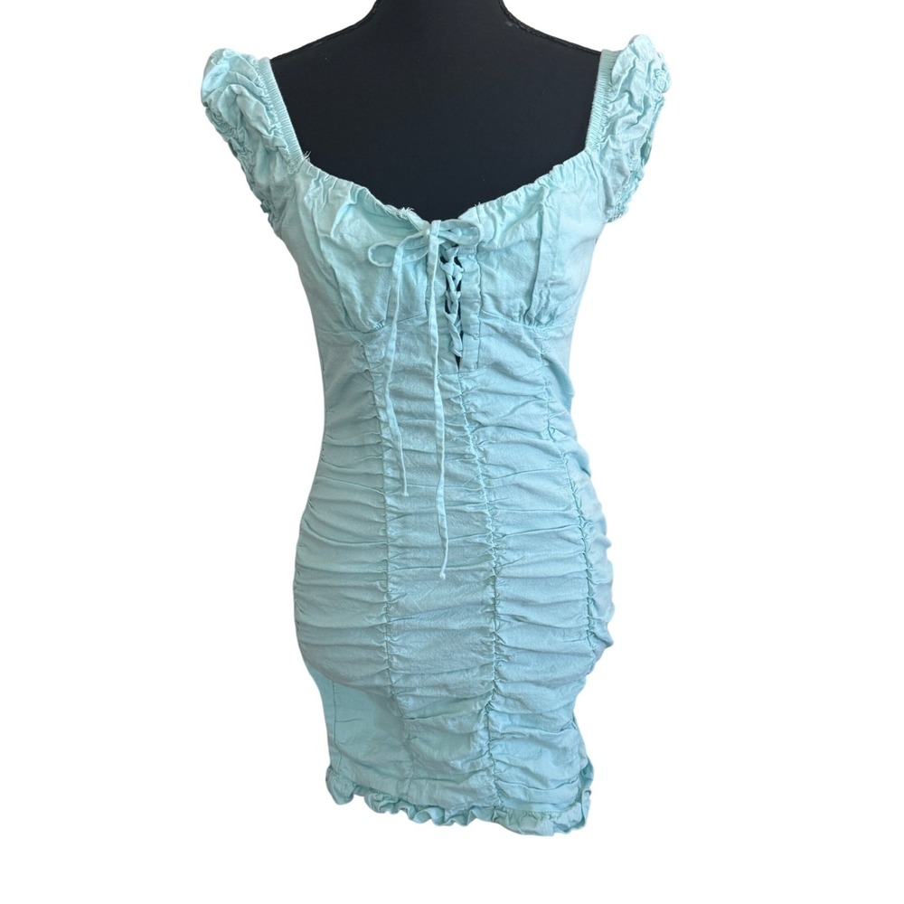 Haute Monde Womens Blue Milkmaid Babydoll Mini Dress Size S Coquette Cottagecore